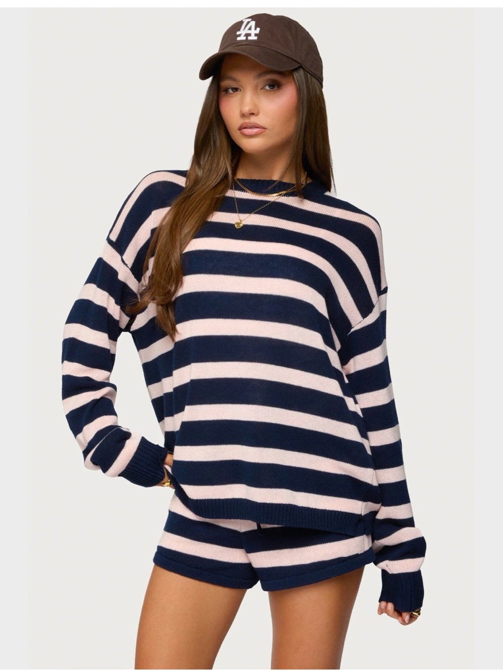 Edikted Navy Blue Pink Striped Oversized Cotton Knit Beach Nights Sweater Small